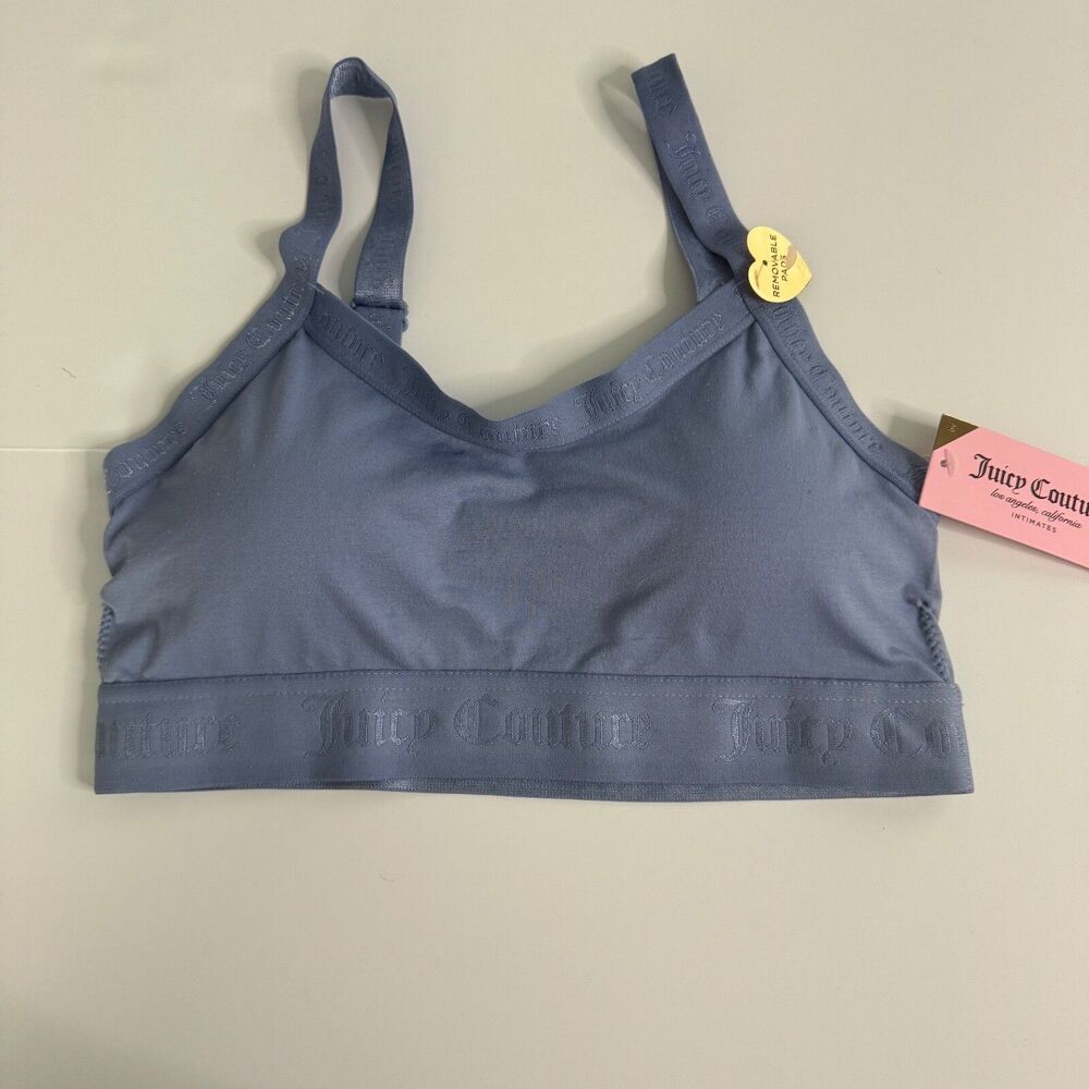 Juicy Couture Bralette Bra Size Medium Blue Wire Free Removable Padding NEW